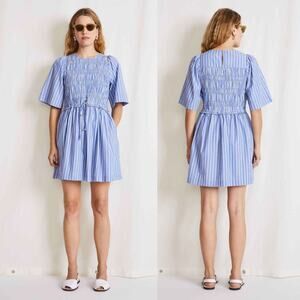 Apiece Apart Adorna Smocked Striped Cotton Mini Dress‎ Blue White Size Medium